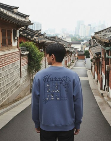 블루 자수 면 긴팔티셔츠