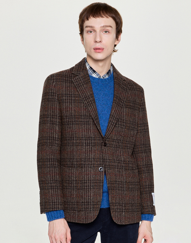 헤지스 남성 [HARRIS TWEED] 브라운 트위드 헤링본 울 자켓 착용컷