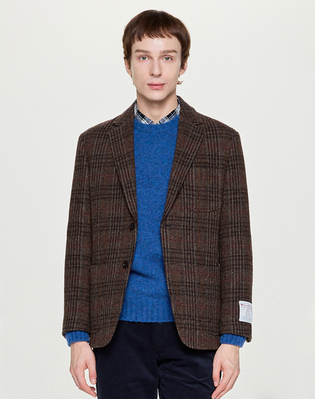 헤지스 남성 [HARRIS TWEED] 브라운 트위드 헤링본 울 자켓 착용컷