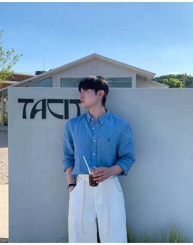 [아이코닉] 블루 린넨 솔리드 셔츠