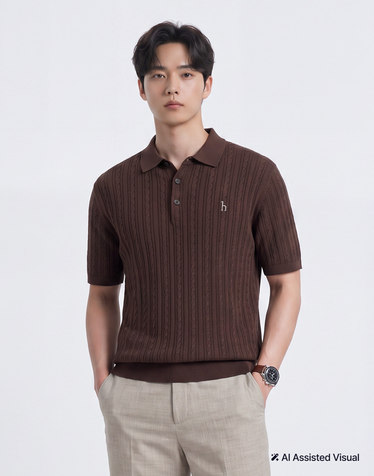 브라운 로고자수 면 반팔카라니트