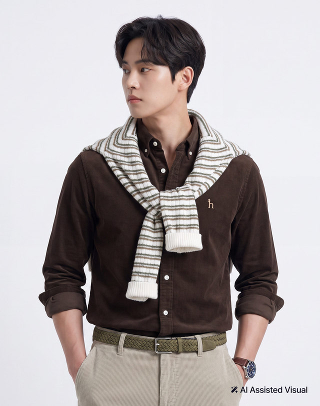 헤지스 남성 [아이코닉] 브라운 코듀로이 셔츠 진한 브라운 착용컷