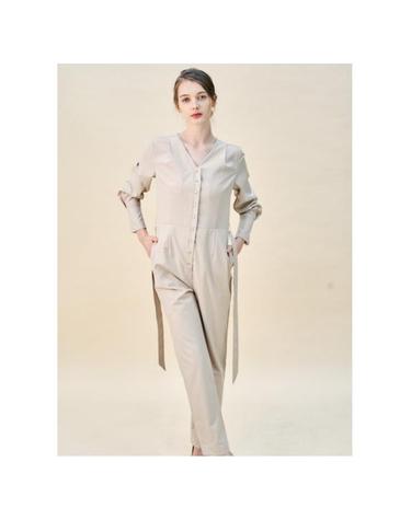 Double Tuck Solid Beige Jumpsuit