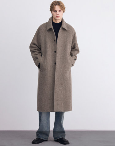 알파카 울 블렌드 헤링본 발마칸 코트 브라운