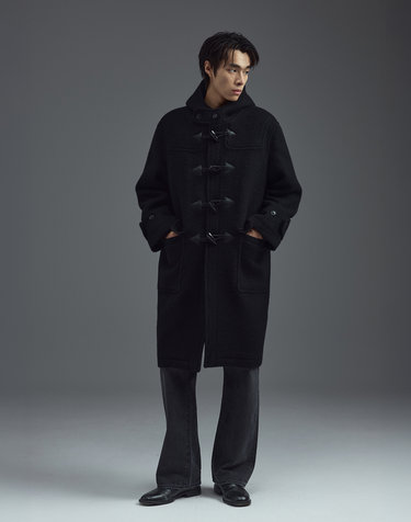 일꼬르소 텍스처 울 블렌드 후드 더플 코트 블랙