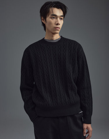울 블렌드 케이블 라운드넥 니트 블랙