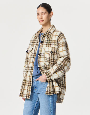 크림 체크 셔츠형 하프코트