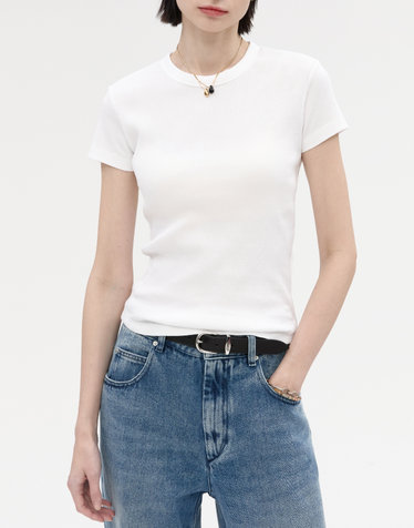 화이트 면 100% 골지 슬림라인 반팔티셔츠