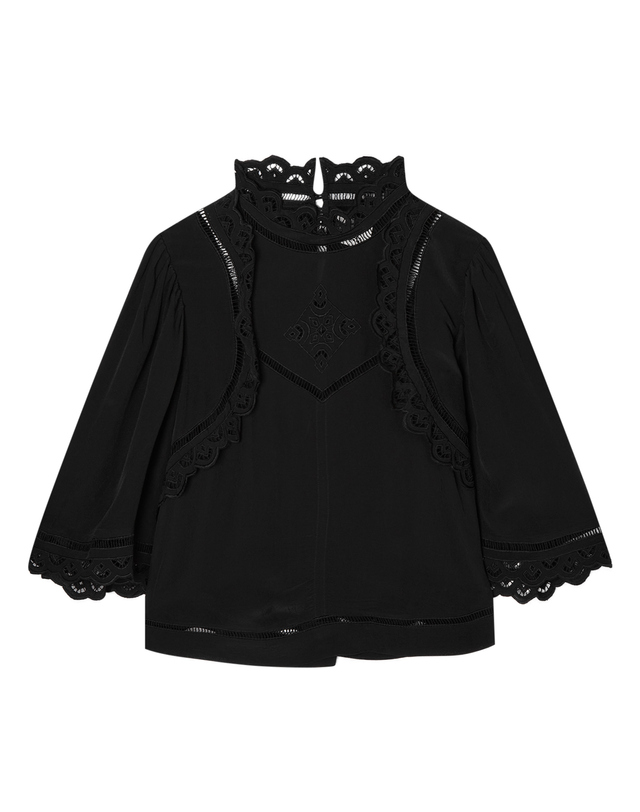 이자벨마랑 블랙 펀칭배색 반팔블라우스 착용컷