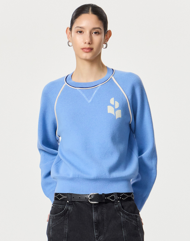 이자벨마랑 라이트블루 래글런 울혼방 라운드넥 니트 밝은 블루 착용컷