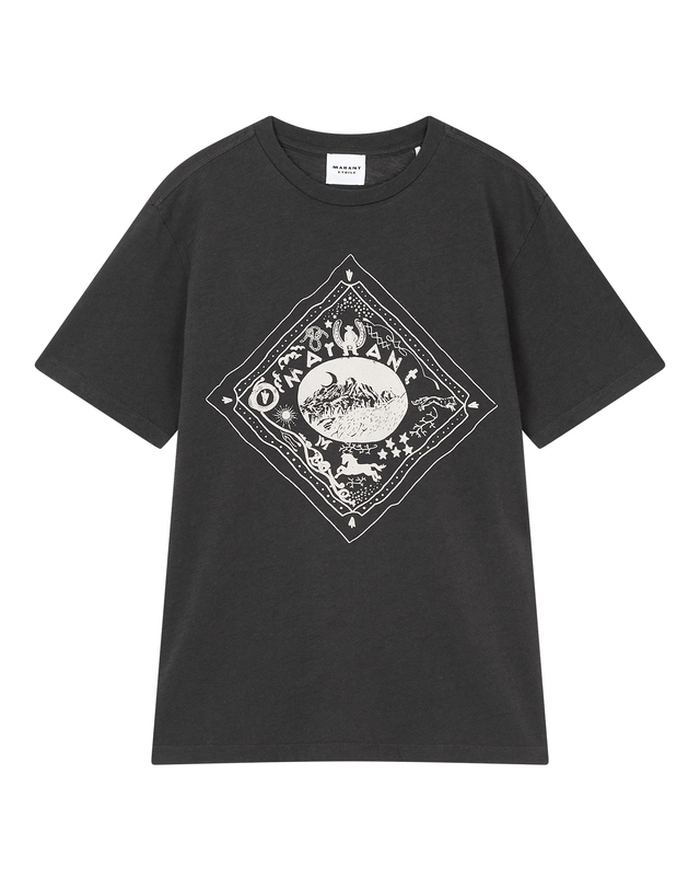 이자벨마랑 [ZEWEL] 블랙 코튼 프린팅 반팔 티셔츠 착용컷