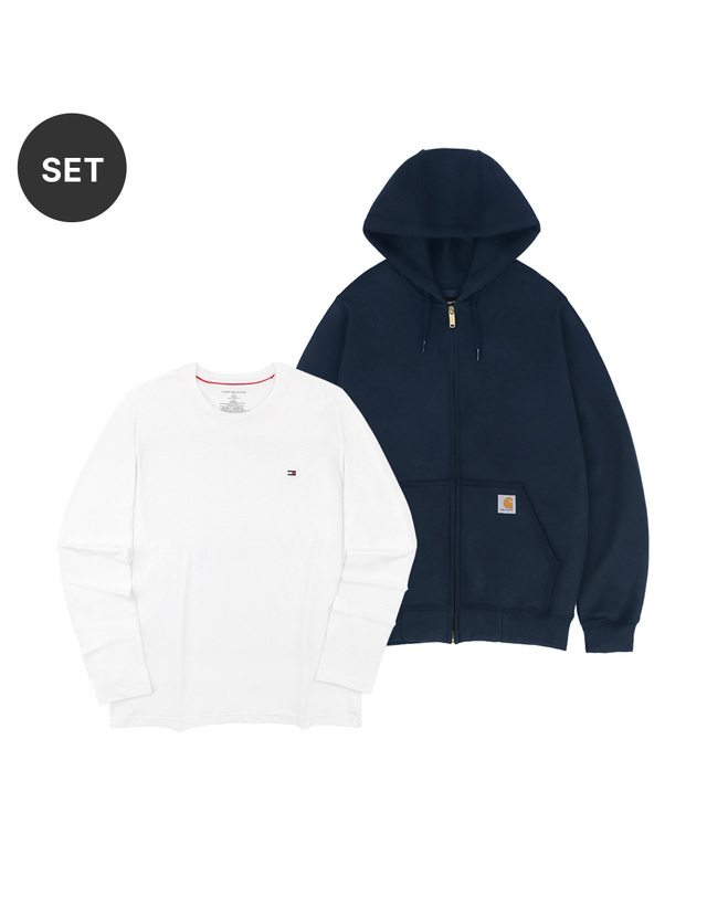 칼하트 [SET] 칼하트 루즈핏 기모 후드집업+타미힐피거 로고 긴팔 티셔츠 착용컷