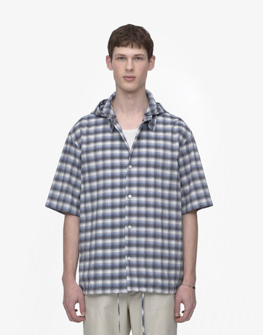 블루  Crinkle fabric 후드 반팔 셔츠