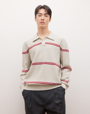 와플 오픈카라 스트라이프 니트 - 라이트그레이