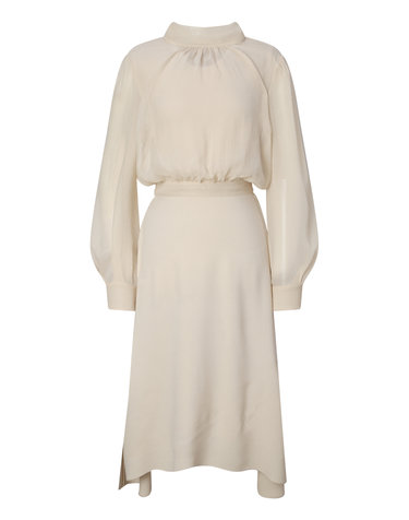[블라우스+민소매드레스 SET] 백리본 타이 셔링 베이지 원피스
