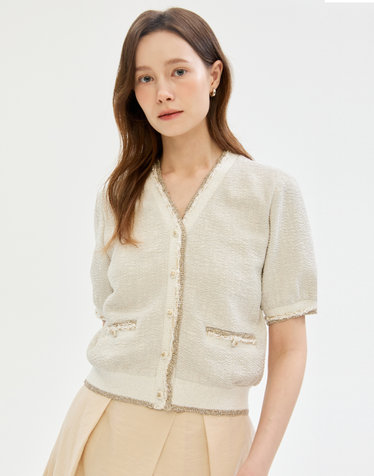 아이보리 글리터장식 코튼혼방 반팔자켓