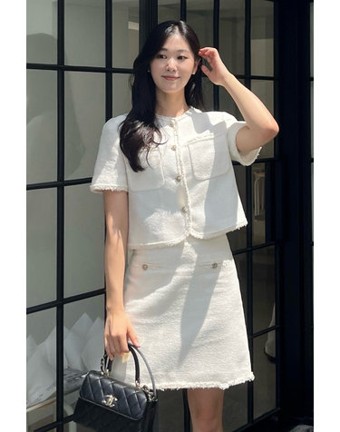 아이보리 포켓 코튼혼방 트위드반팔자켓