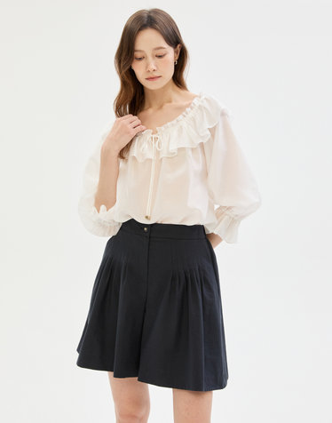 네이비 턱장식 코튼혼방 밴딩 쇼츠 숏팬츠