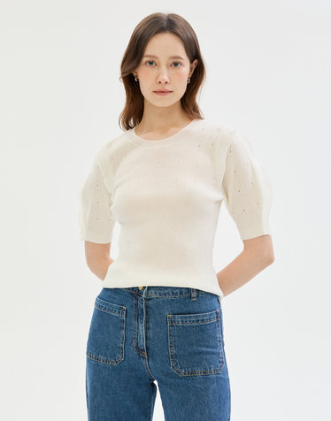 아이보리 비즈장식 코튼혼방 반팔니트