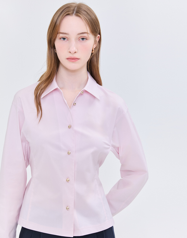 질스튜어트 뉴욕 여성 핑크 단색 코튼혼방 긴팔블라우스 밝은 핑크 착용컷