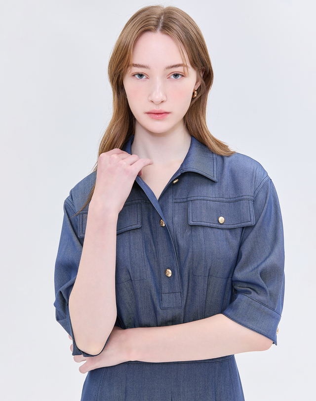 질스튜어트 뉴욕 여성 블루 턱장식 5부소매원피스 진한 블루 착용컷