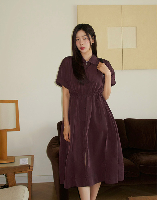 질스튜어트 뉴욕 여성 버건디 단색 반팔집업원피스 와인 착용컷
