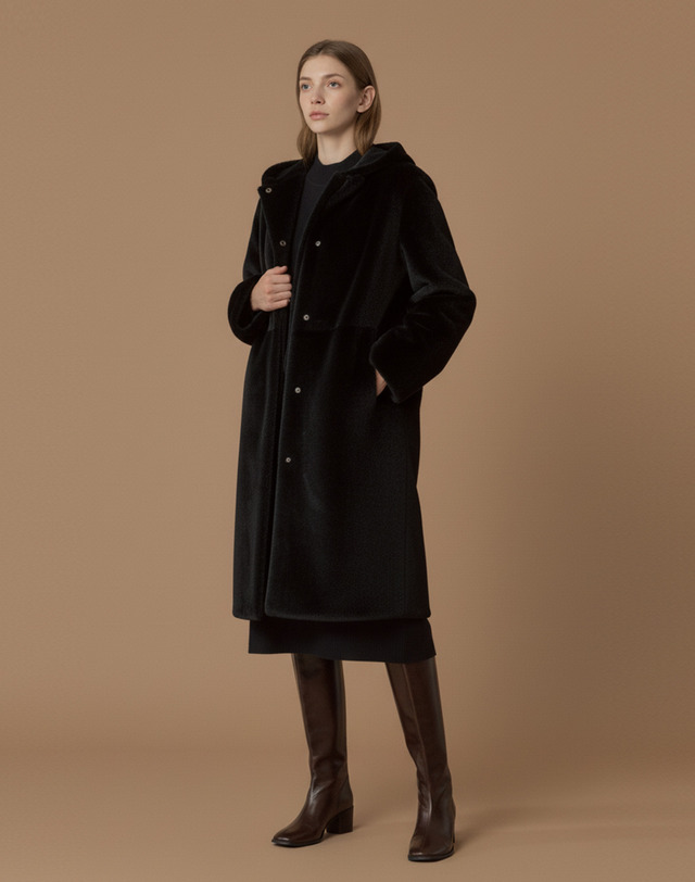 질스튜어트 뉴욕 여성 PREMIUM 롱 무스탕 천연 양모피 탈부착 니트후드 FUR 블랙 착용컷