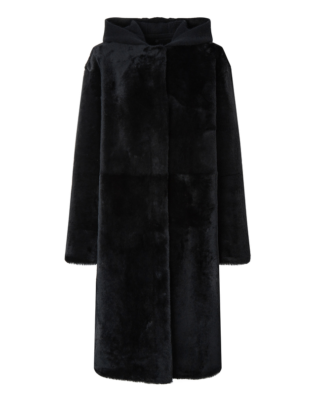 질스튜어트 뉴욕 여성 PREMIUM 롱 무스탕 천연 양모피 탈부착 니트후드 FUR 블랙 착용컷