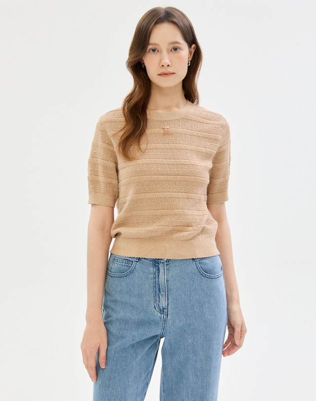 질스튜어트 뉴욕 여성 베이지 글리터장식 나일론혼방 반팔니트 착용컷
