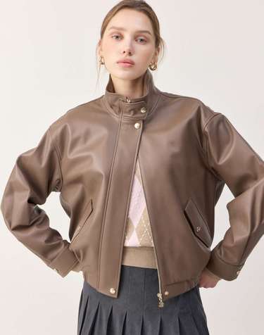 라이트 브라운 블루종 레더 점퍼