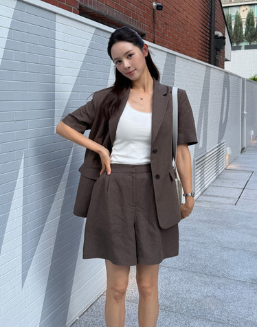 [ONLINE EXCLUSIVE] 브라운 린넨 턱장식 뒷밴딩 숏팬츠 하프팬츠 쇼츠