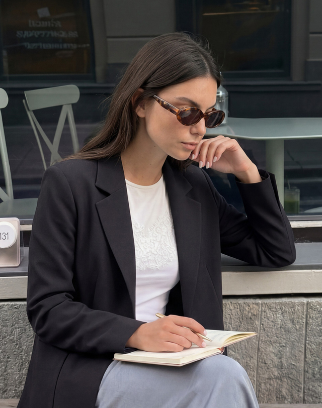 질스튜어트 뉴욕 여성 블랙 절개장식 솔리드 원버튼 여름 자켓 착용컷