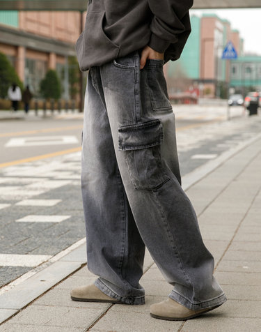 러기드하우스 : 브리즈 워싱 카고 와이드 데님 팬츠 블랙