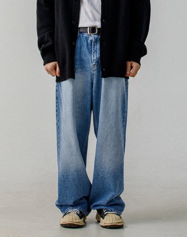 러기드하우스 : 어텀 캣 워싱 와이드 데님 팬츠 중청