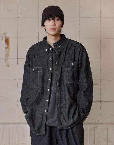 러기드하우스 : 더블 포켓 버튼다운 데님 셔츠 블랙