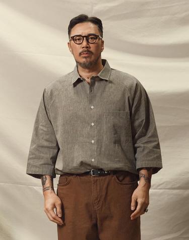 러기드하우스 : 래글런 원포켓 워크 린넨 7부 셔츠 그레이