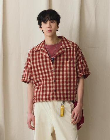 러기드하우스 : 레트로 깅엄 체크 오픈 칼라 반팔셔츠 레드