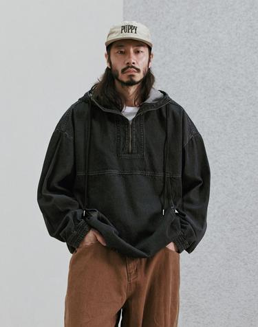 러기드하우스 : 소프트 데님 코튼 후드아노락 흑청