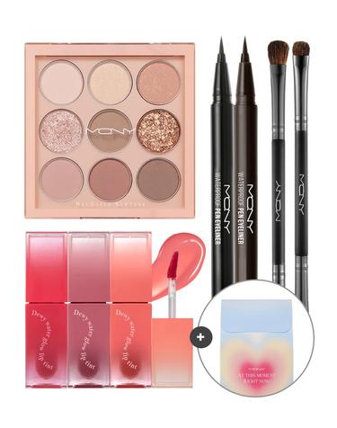 [메이크업꿀조합SET] 펜 아이라이너+듀이 워터글로우 립틴트+톤온톤 섀도우팔레트 9구+섀도우브러쉬