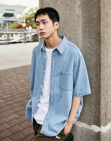 심볼 자수 원포켓 오버핏 반팔 데님 셔츠 MLS239 / 2COLOR M