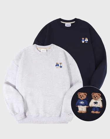 ( 1+1 ) 남여공용 엠블러 Twinlook bear 오버핏 기모 맨투맨 티셔츠 AMM918-마젠타핑크/백멜란지/네이비
