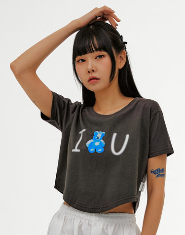 엠블러 Blue bear love u 크롭 반팔 티셔츠 ACR505-다크그레이