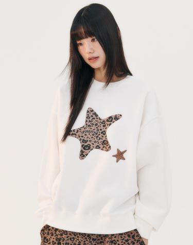 엠블러 남여공용 Heart Bear Leopard Star 자수 맨투맨 티셔츠 AMM1312-아이보리