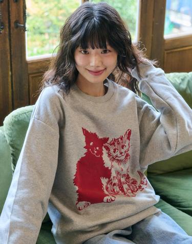 엠블러 남여공용 Like cat 맨투맨 티셔츠 AMM1314-멜란지