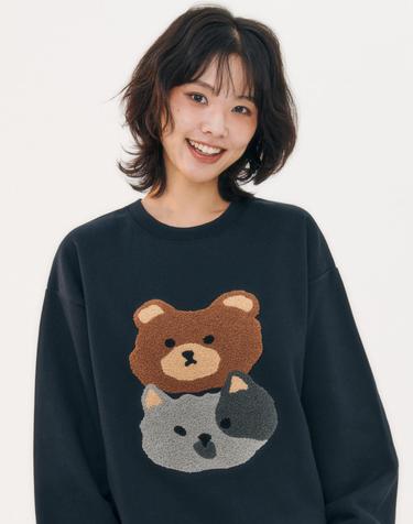 엠블러 남여공용 Cat&Bear 자수 맨투맨 티셔츠 AMM1318-네이비