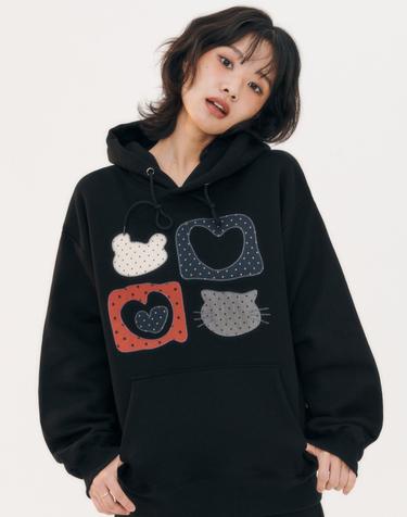 엠블러 남여공용 Meow Bear 아플리케 자수 후드 티셔츠 AHP1207-블랙