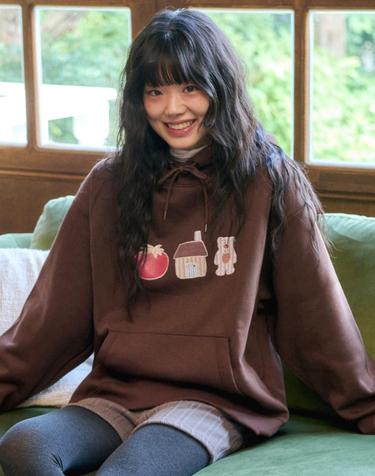 엠블러 남여공용 Tomato Bear 아플리케 자수 후드 티셔츠 AHP1213-브라운