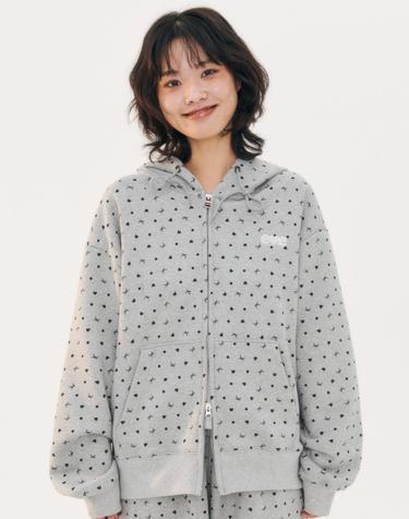 엠블러 남여공용 Ribbon And Bear Dot Hooded zip-up 자수 후드 집업 자켓 AZIP804-멜란지