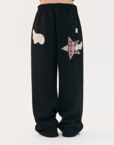 엠블러 남여공용 Angel Star Patch Pants 자수 원턱 스트링 와이드 스웨트 팬츠 AP903-블랙