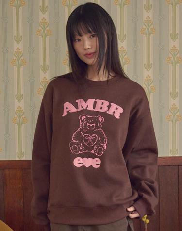 엠블러 남여공용 Lovely bear 자수 기모 맨투맨 티셔츠 AMM1324-브라운